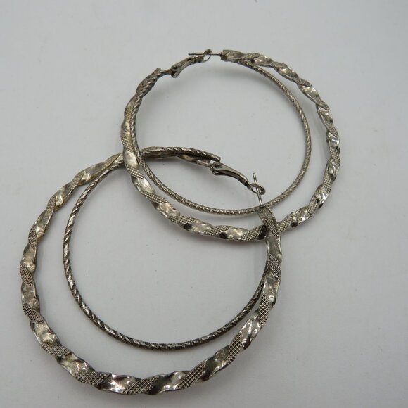 Vintage Silver Tone Oversized 2.5" Textured Double Hoop Earrings - Picture 4 of 7
